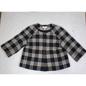 Talbots Wool Blend Blazer Italian Fabric 14P Gingham Plaid Cropped Careerwear
